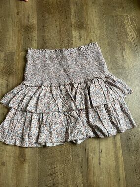 Floral Tiered Ruffle Mini Skirt - White with Pink & Brown and blue floral